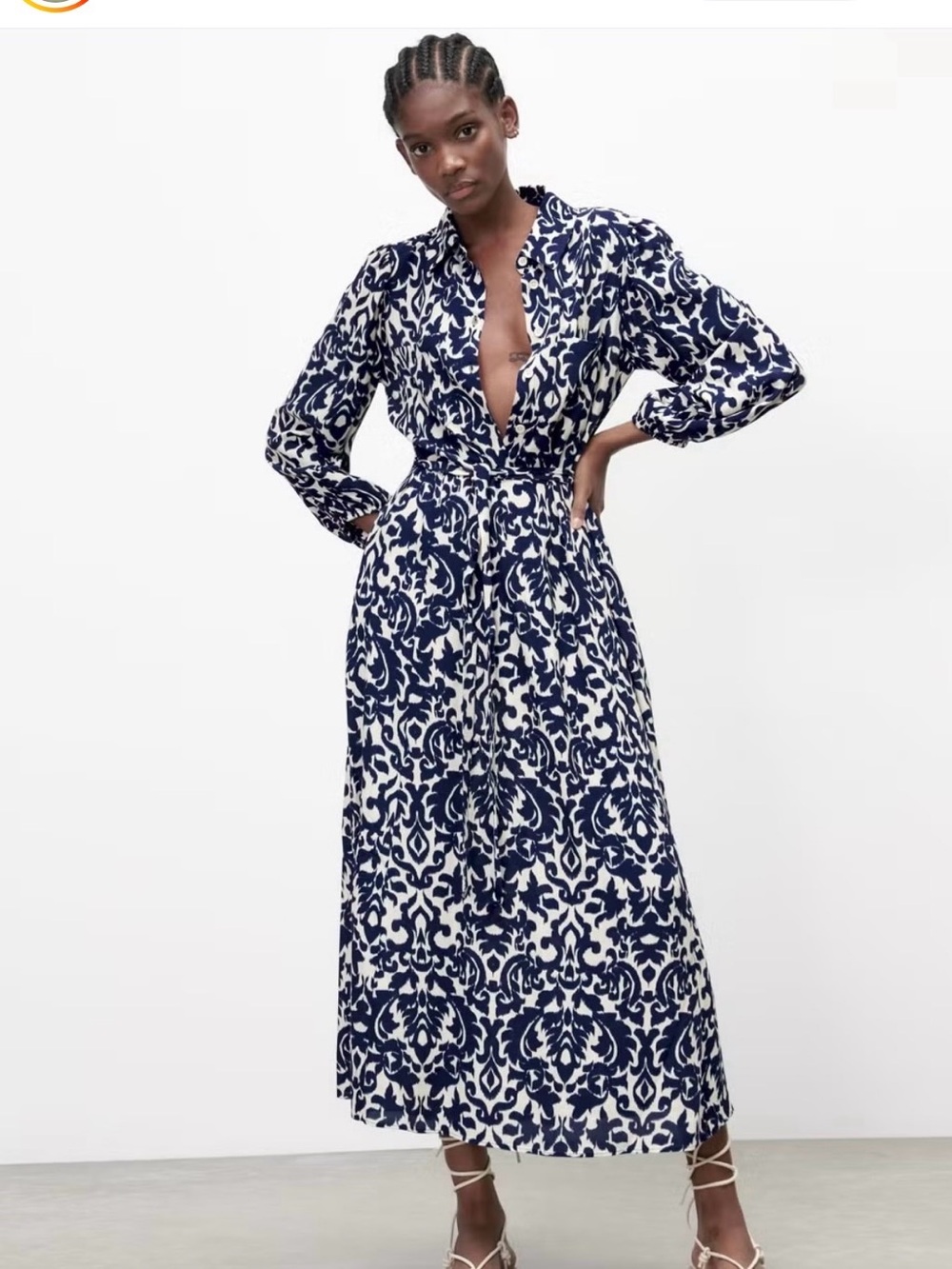 Zara White and Navy Floral Print Dress